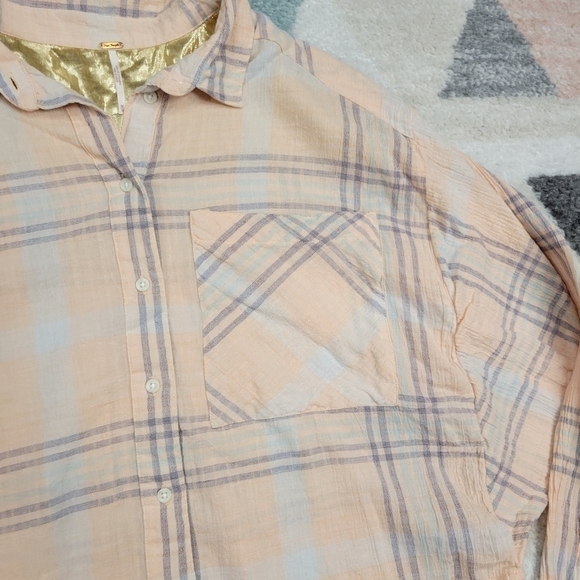 Free People Oversized Cropped Plaid Button Down Shirt Size Medium - Picture 5 of 11